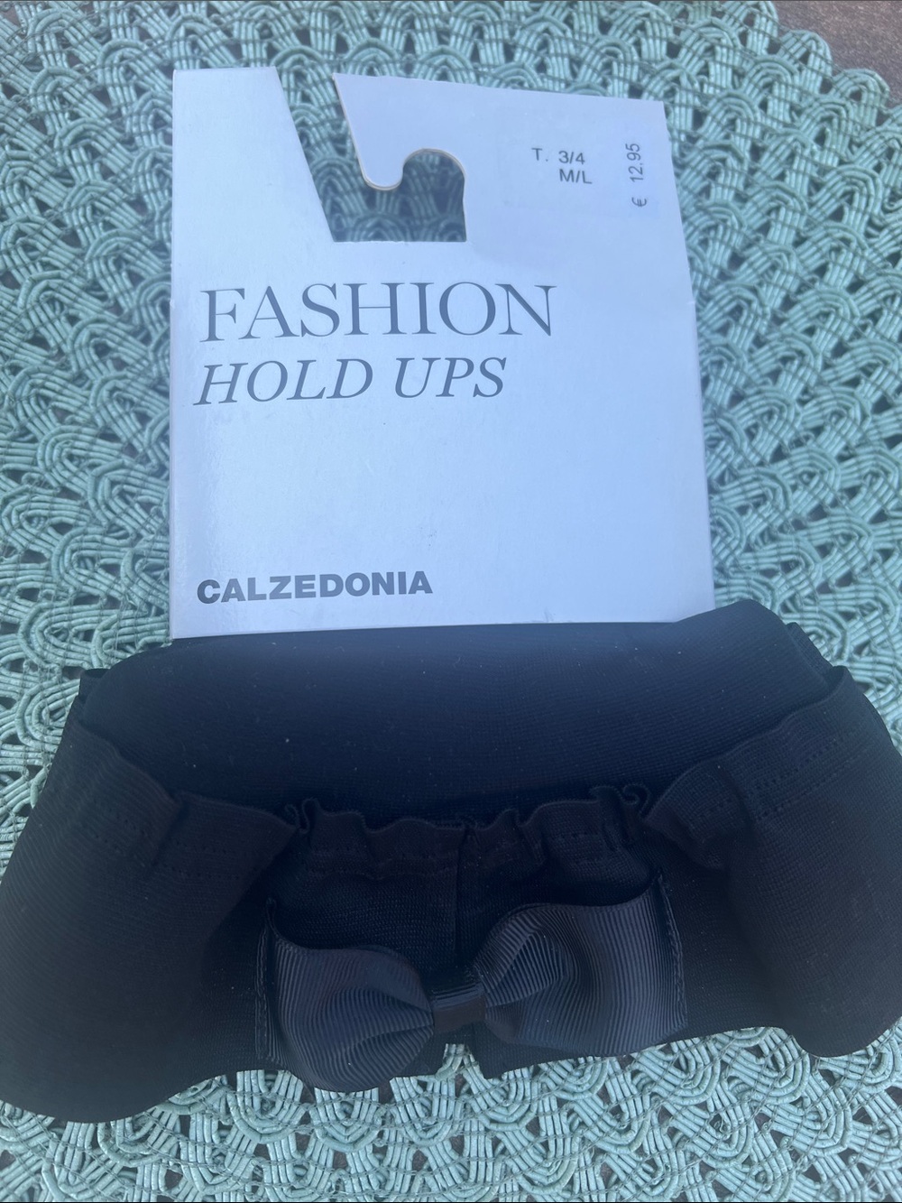 NWT Black Fashion Hold Ups thigh high stocking with silicone strips- Bow Detail.